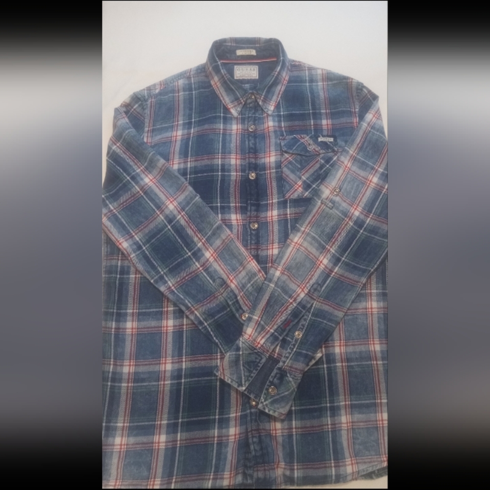 Guess Blue and Red Plaid Button-Down Shirt